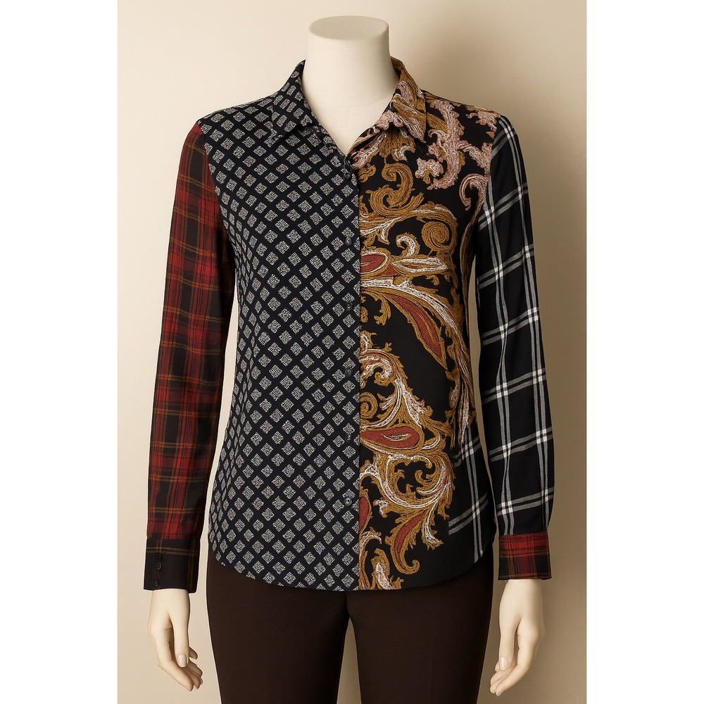Hannah Mixed Print Patchwork Button Front Blouse Women M Boho Paisley Plaid‎ Y2K